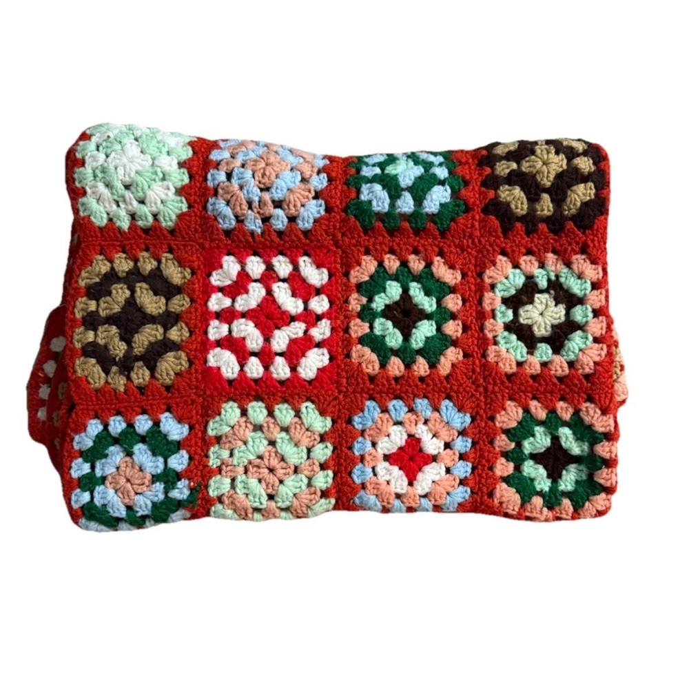 Vtg Handmade Crochet Granny Square Afghan Blanket Throw‎ Orange Brown 42x55”